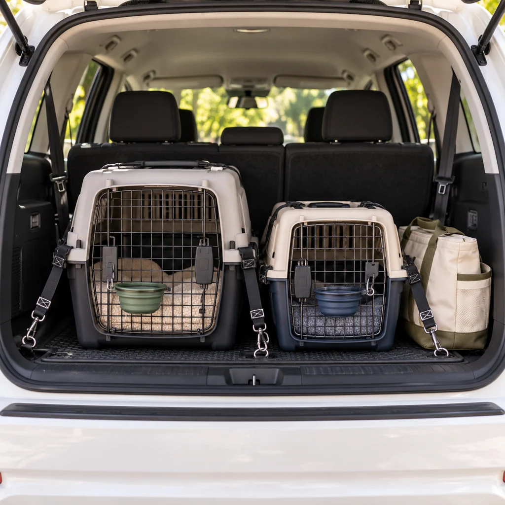 Two travel crates with blankets and water bowls are strapped inside the rear of a white minivan