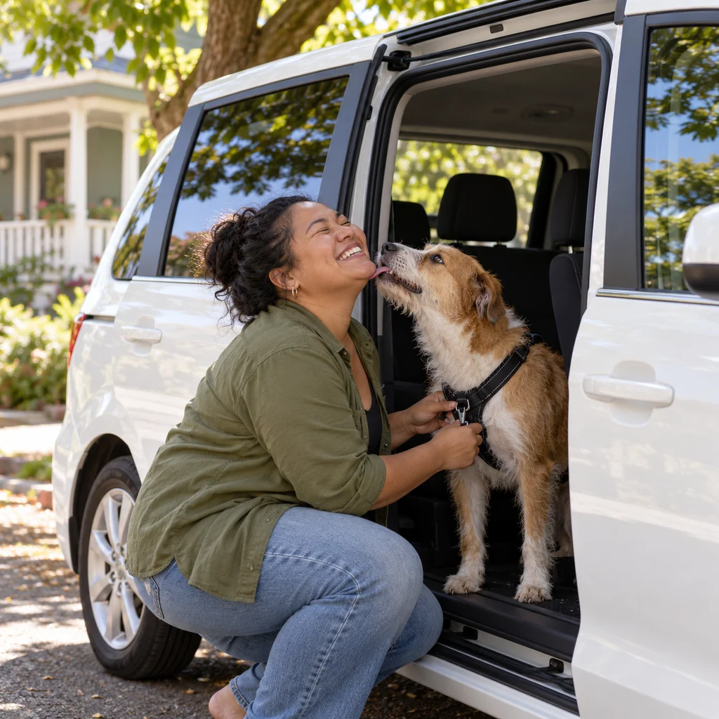 A driver in an olive overshirt clips a harness on a scruffy tan-and-white dog beside a white minivan