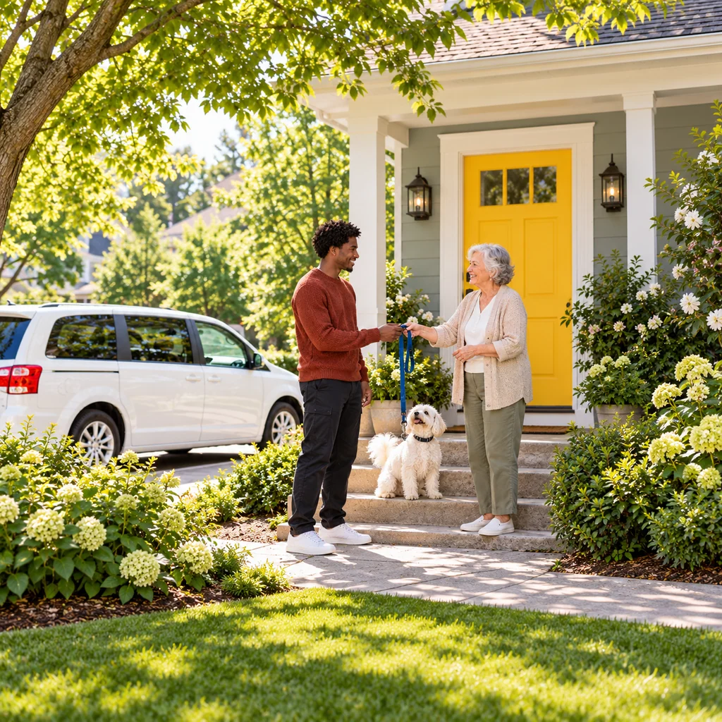 An older owner hands a lead to a driver in a rust sweater while her small white dog waits on the porch steps