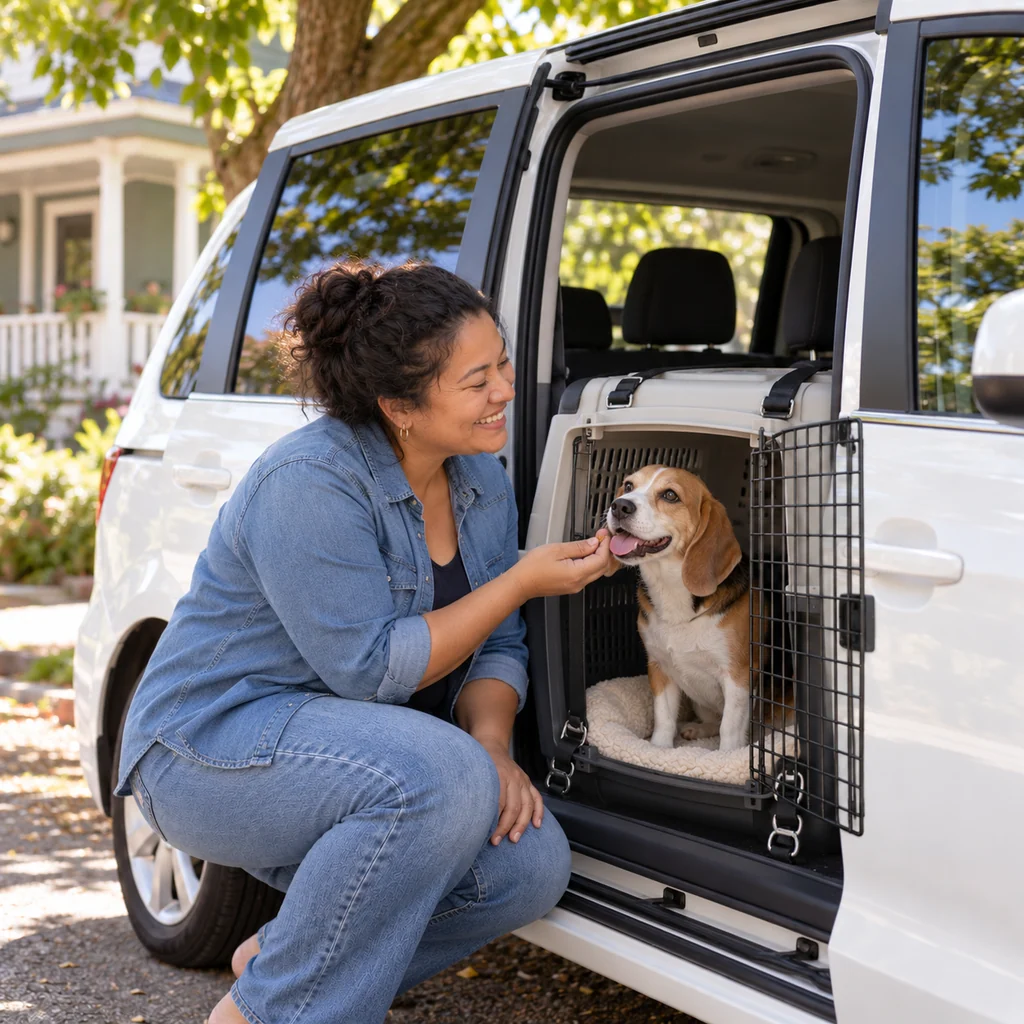 A driver offers a treat to a beagle inside a strapped travel crate at the open sliding door of a white minivan