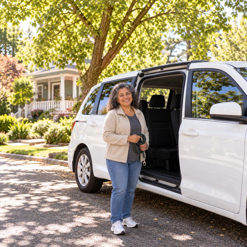 A smiling driver with curly grey hair holds a coiled lead beside a white minivan