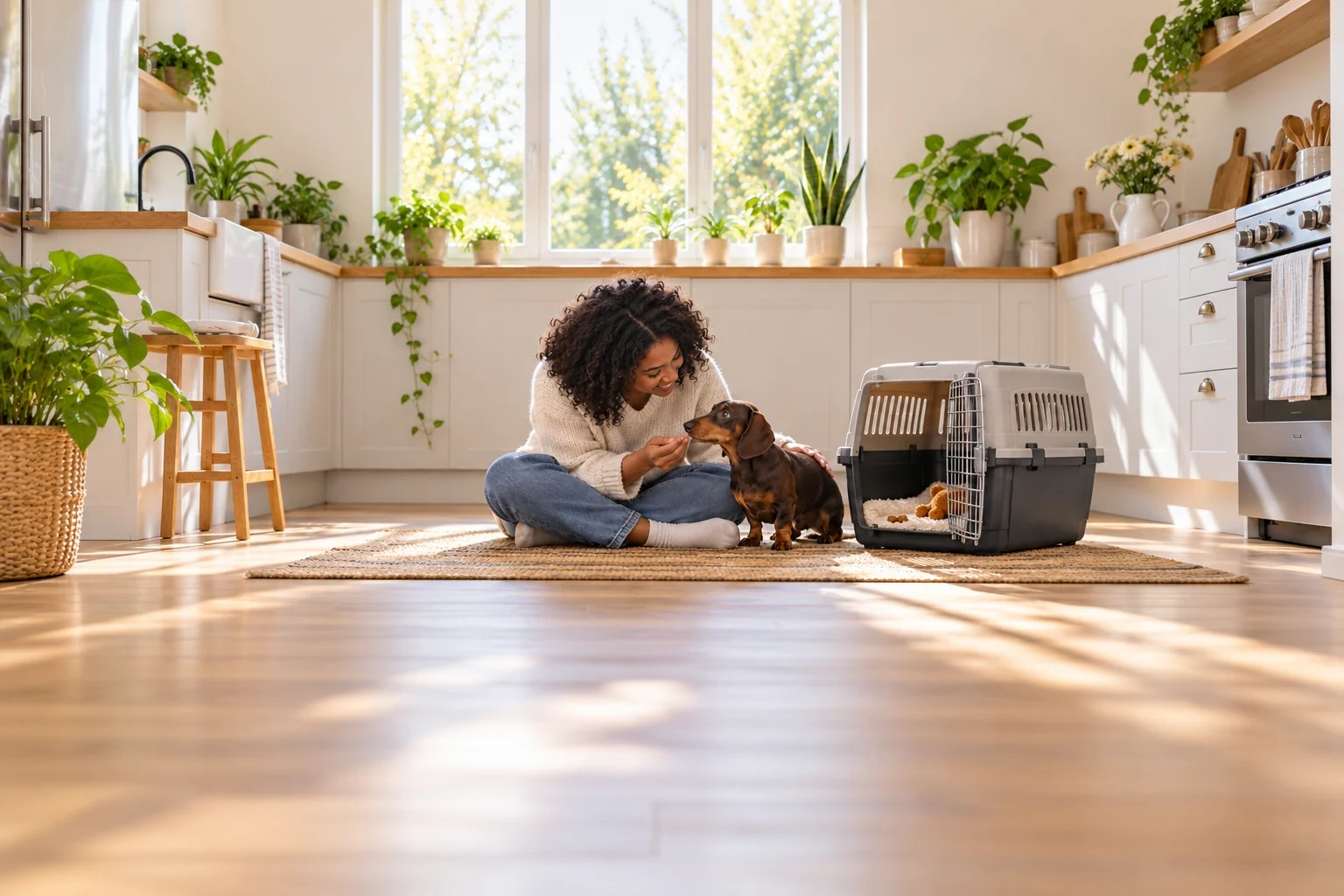 A woman encourages a dachshund beside an open travel crate with bedding and a toy in a bright kitchen