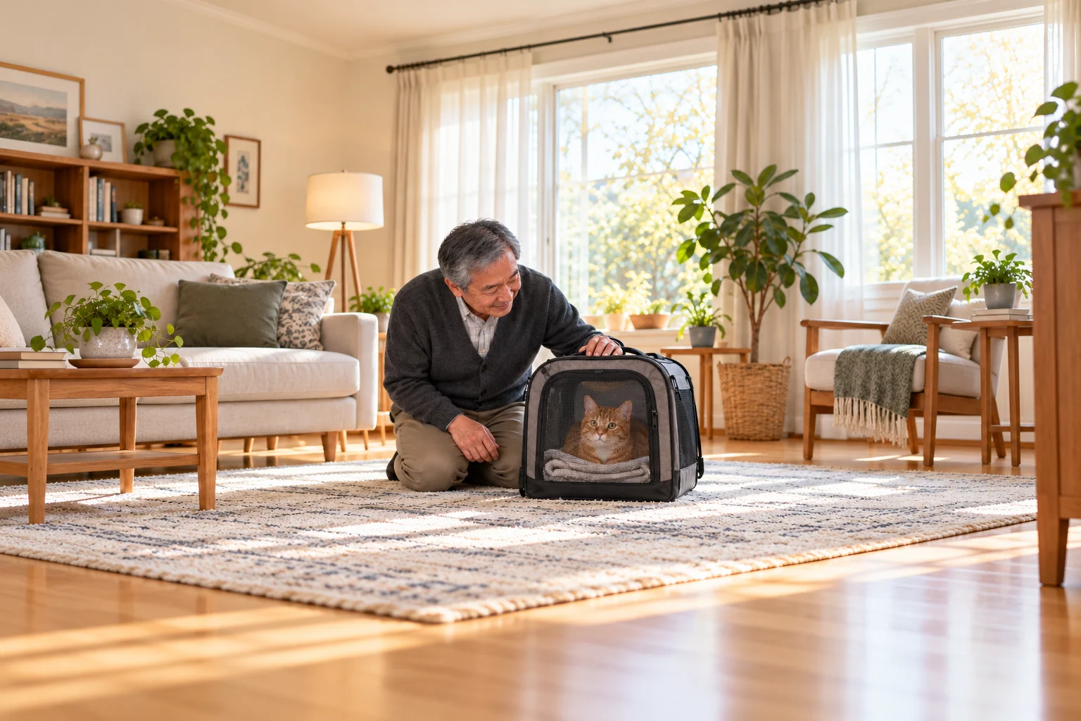 An older man kneels beside an orange tabby in a closed mesh travel carrier in a sunny living room