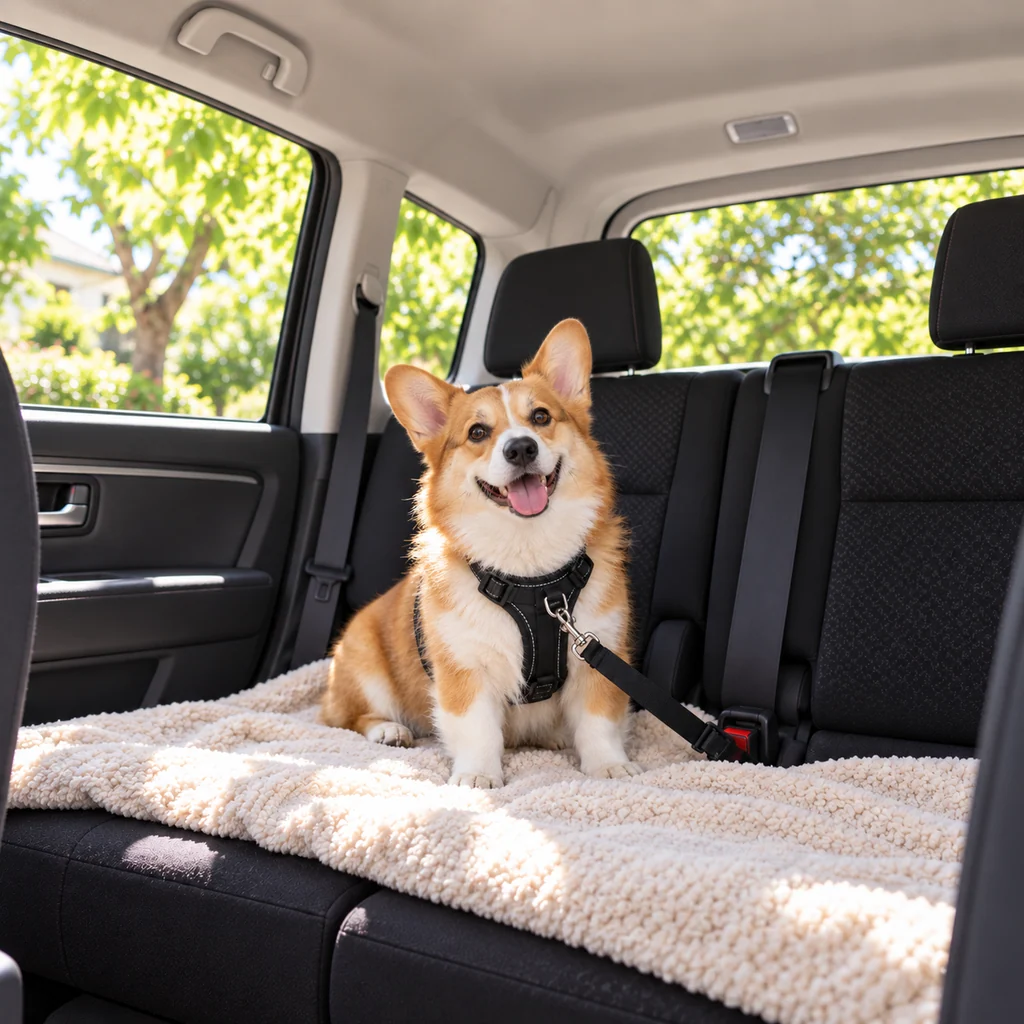 A smiling corgi wears a clipped car harness on a blanket on the back seat of a white minivan